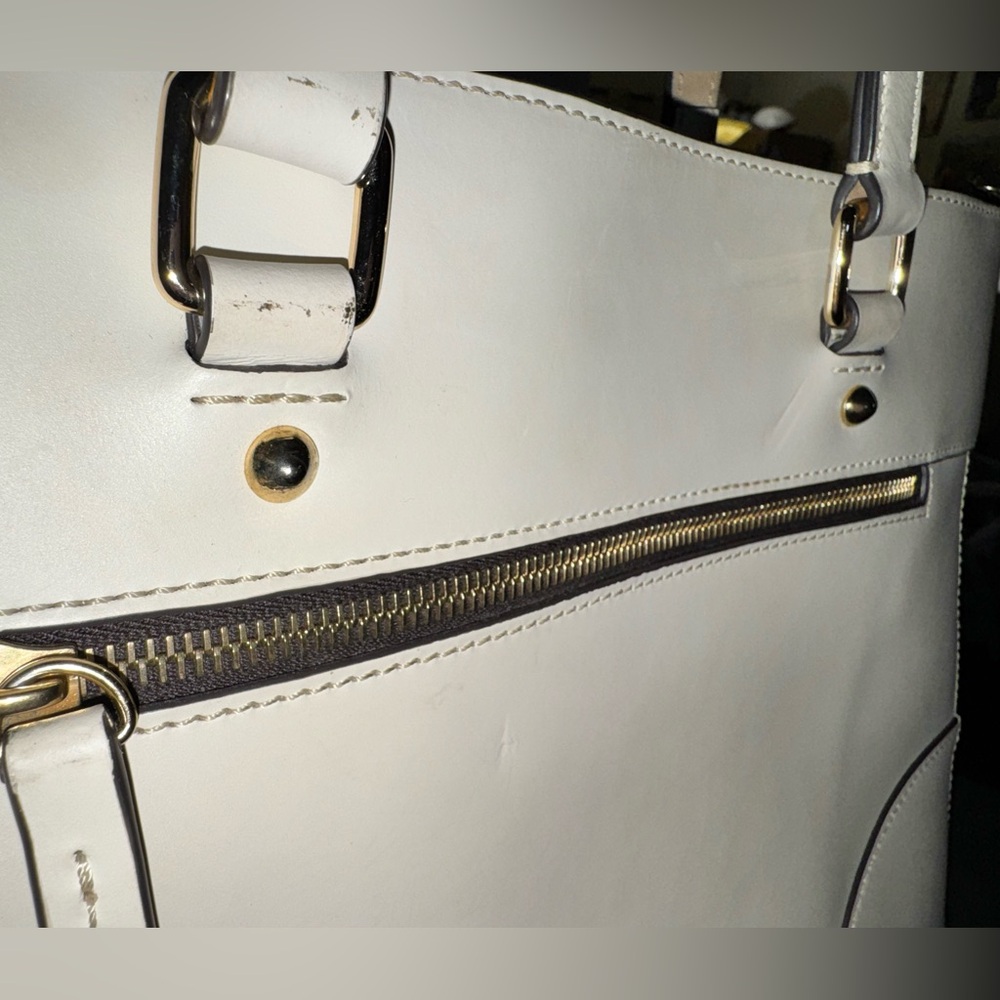 Dooney and Bourke Leather Bone Tote Bag, Gold hardware & blue  accent scarf - Picture 4 of 16